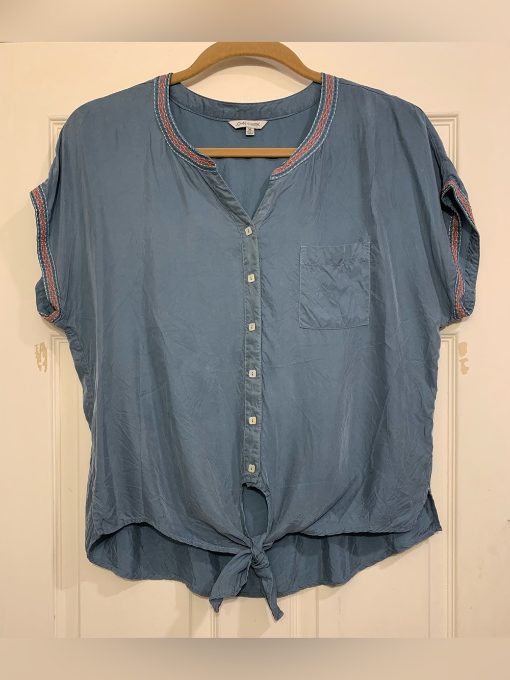 John Mark Satin Teal/Gray Look Embroidered Embellished XL Blouse.      3355